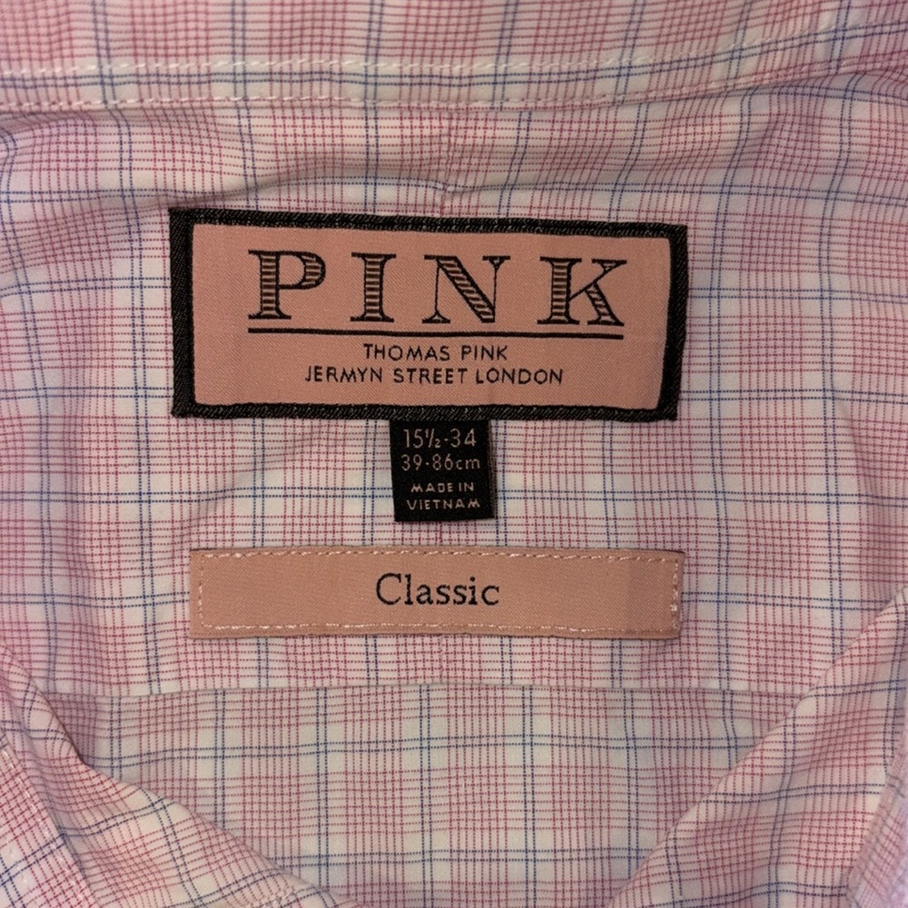 Thomas Pink Mens Classic Fit Dress Shirt 15.5/34 Pink Blue Plaid Long Sleeve